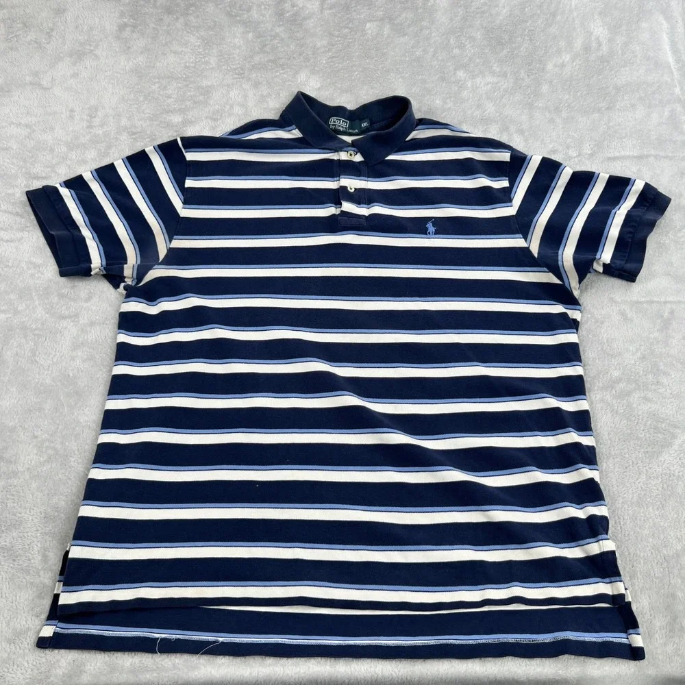 Polo Ralph Lauren Striped Pique Polo Shirt Mens 2XL Blue Short Sleeve Preppy